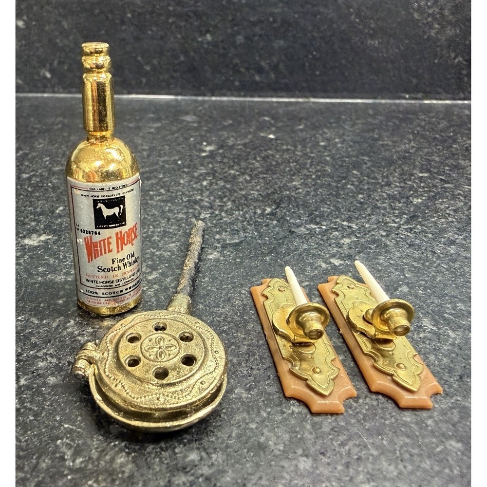 Vtg Dollhouse Miniatures Lot Brass Candle Sconces Cooking Utensil Scotch Bottle